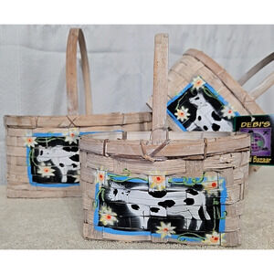 Vtg Set of 3 Nesting Woven Painted Bamboo Baskets Handles Holstein Farmhouse